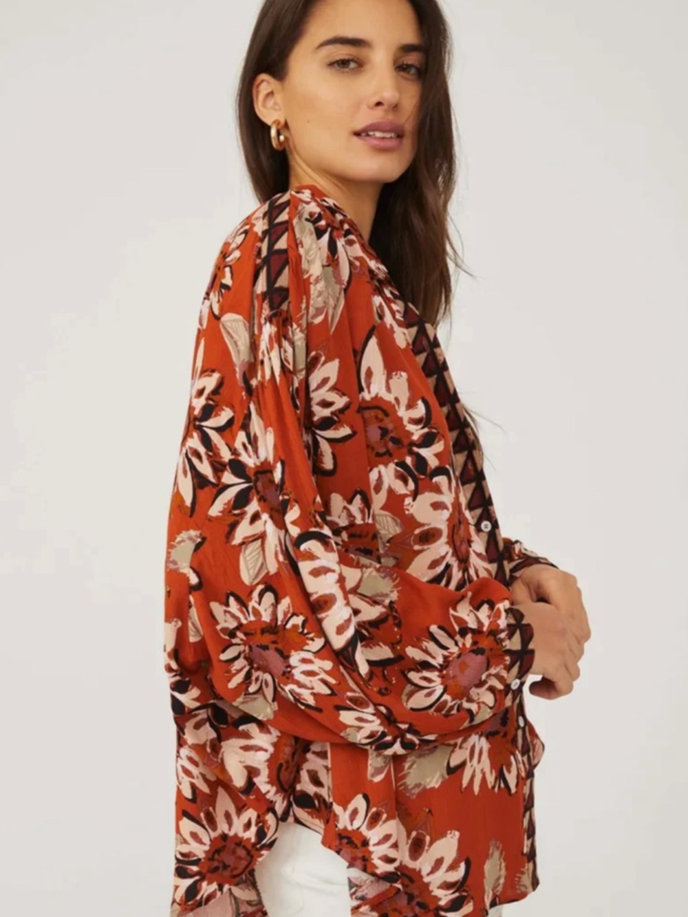 Free People Good Vibrations Oversized Floral Dolman Button Up Top Rust & Cream
